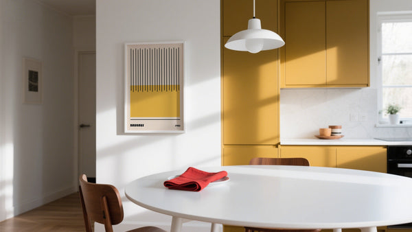 Framed minimalist poster of yellow rectangle and black vertical lines on a dining room wall