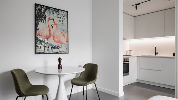 Black and White Japanese Art with Pink flamingos above kitchen dining table