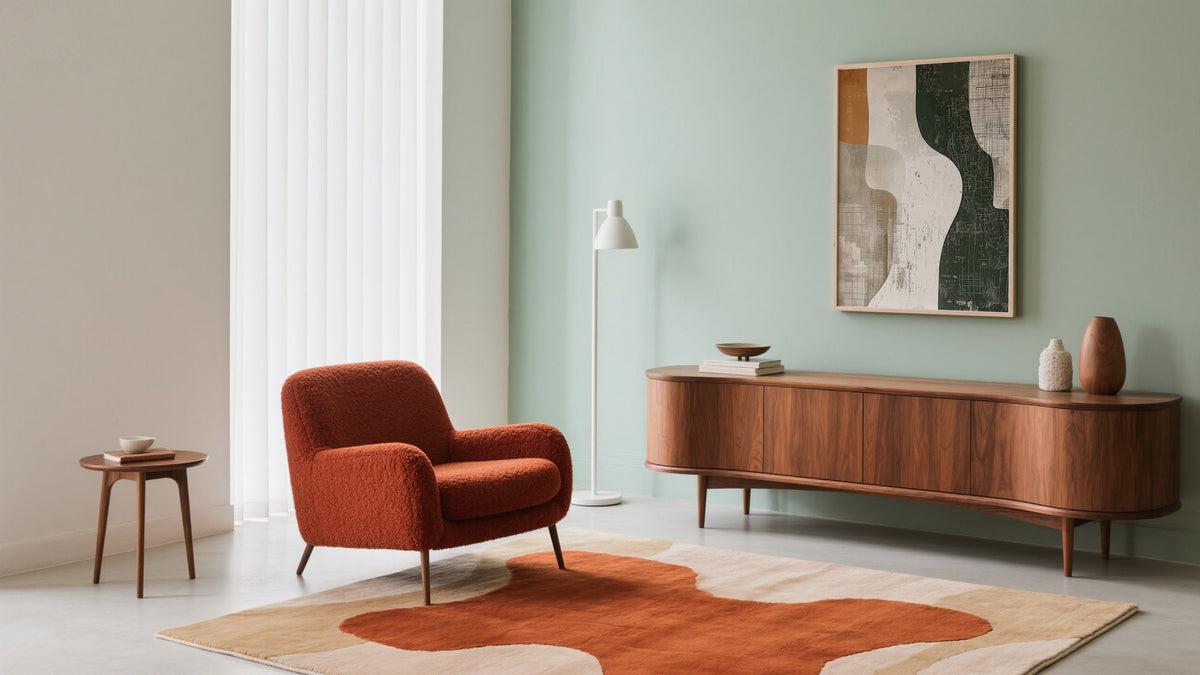 Wabi Sabi Wall Art in Living Room above wooden sideboard in green beige and burnt orange