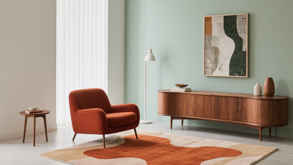 Wabi Sabi Wall Art in Living Room above wooden sideboard in green beige and burnt orange