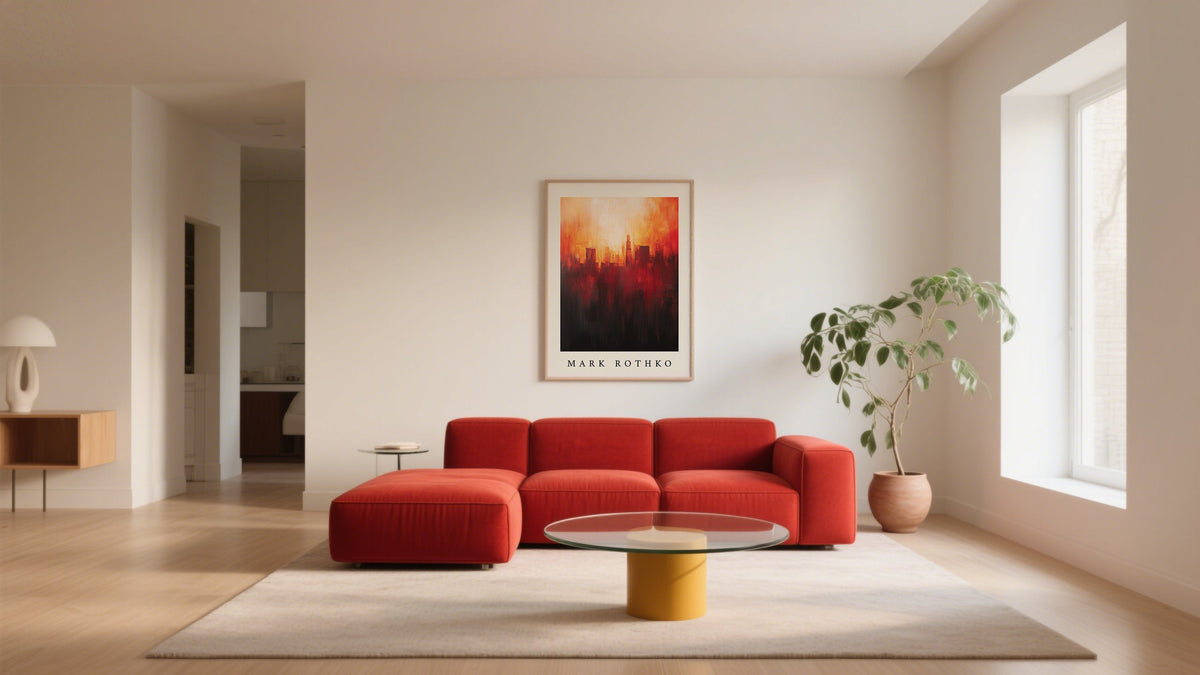 Extra large posters for walls above a red sofa in a open plan living room