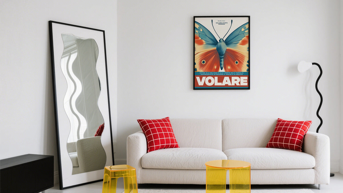 Awesome posters of room, large butterfly wall art above sofa in gen z living room