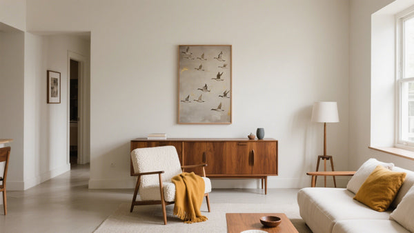 Wabi Sabi Wall Decor of birds flying in earthy grey and gold accents