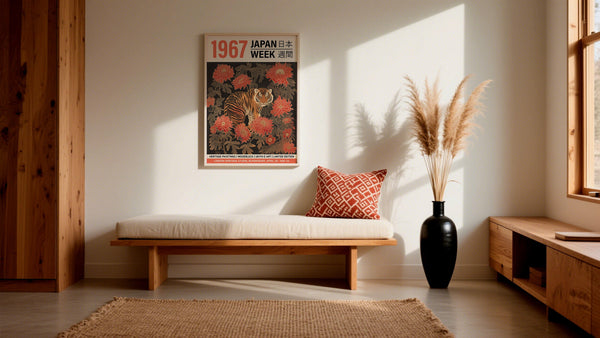 Authentic antique Japanese woodblock print displayed in a softly lit hallway