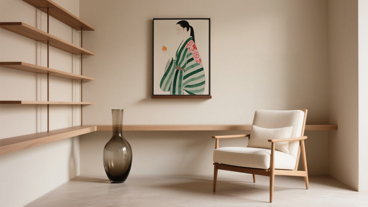 Unique Art for the wall of a Japanese woman in kimono holding an orange