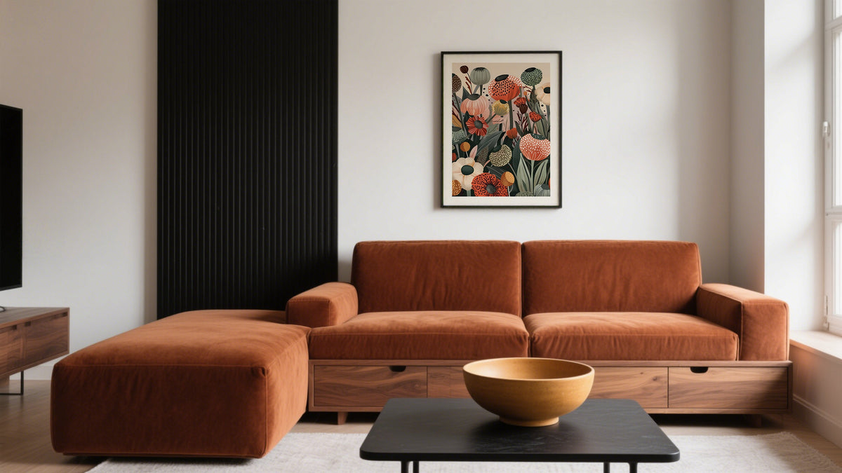 Poster Ideas for Room. Large poster above a burnt orange sofa