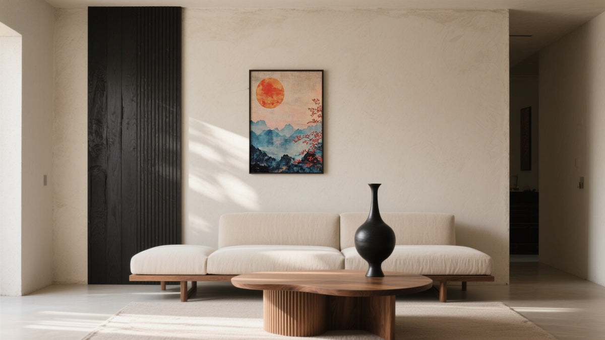 Prints Japanese Art of mount fuji and cherry blossom tree and rising sun