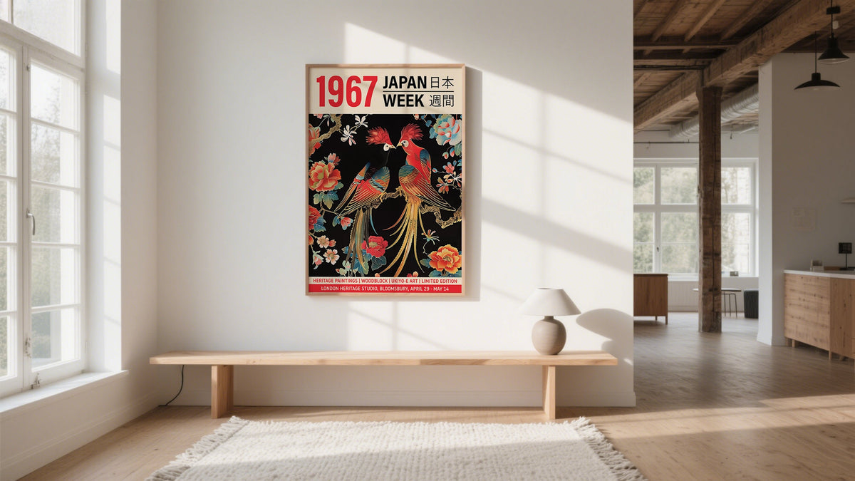 ukiyo e prints featuring two love birds for Japanese home decor