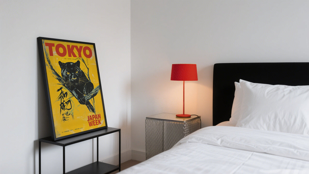 Majestic Black Panther Art Prints and Paintings in a bedroom featuring yellow background