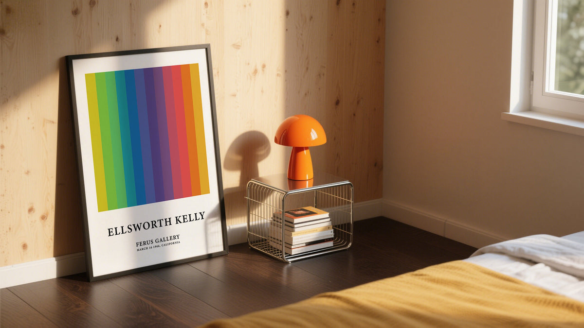 Artistic poster design Ellsworth Kelly Exhibition Rainbow print in creative bedroom space