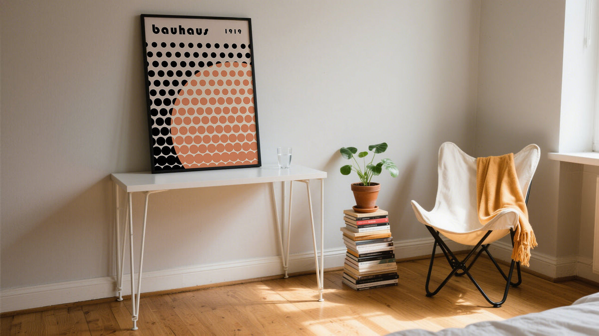 Large framed Bauhaus poster showcasing bold circles, highlighting cool prints in a relaxed interior setting.