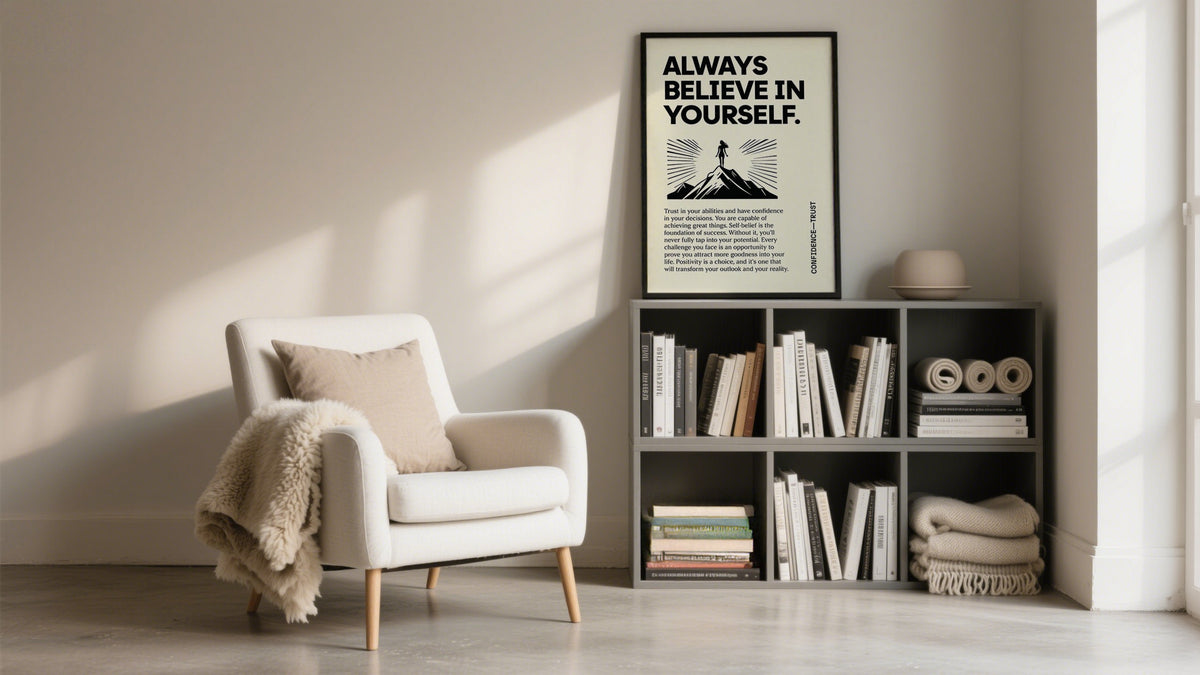 Quotations poster reading "Always believe in yourself" framed on a dark wall above a wooden shelf with books and a plant, styled in a modern home interior.