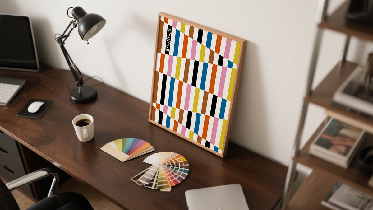 Buy Wall Art Online featuring a colorful Bauhaus print framed on a desk