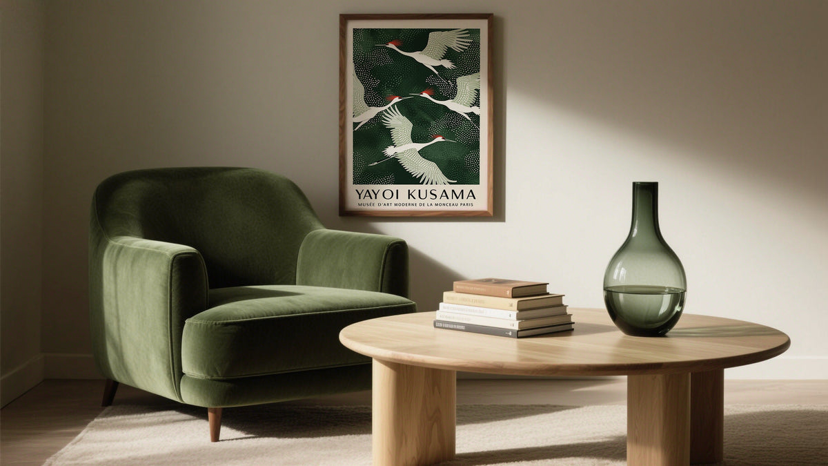 Japandi UK Wall Art of Crane Birds in Flight in Dark Green and White
