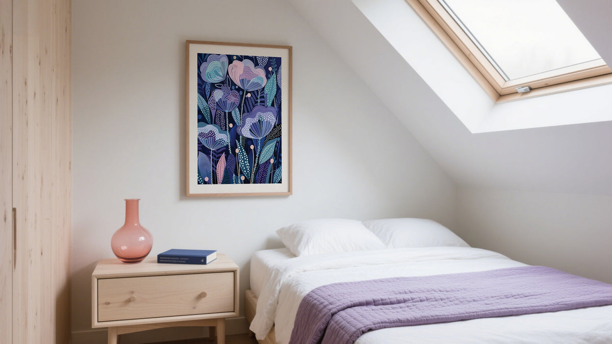 cheap prints for walls displayed in a room with minimalist decor above a bed.