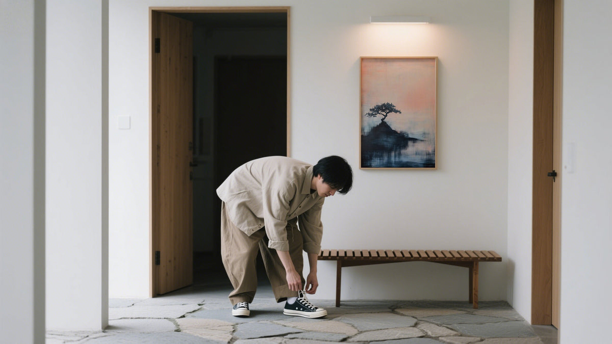 Japanese Art Prints and Posters in minimalist entryway above wooden bench