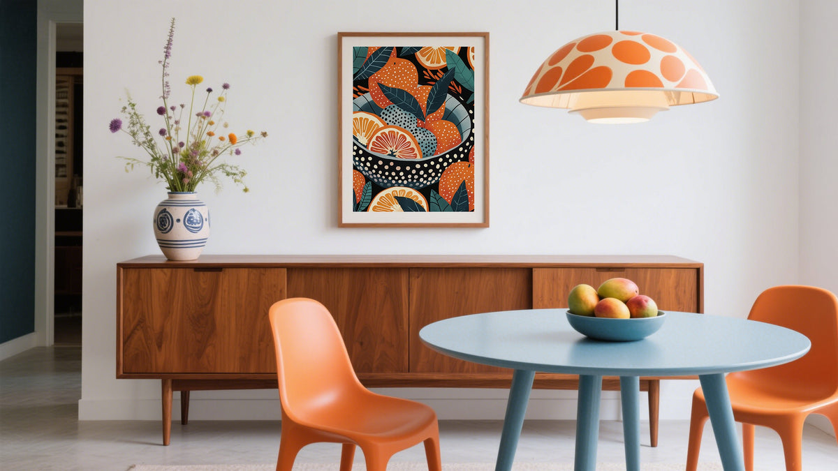 Oranges in a bowl Wall Art Dining Room above sideboard in orange and blue