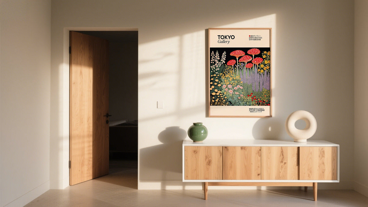 Wall art local Japanese Print of Mushroom wild flowers above sideboard