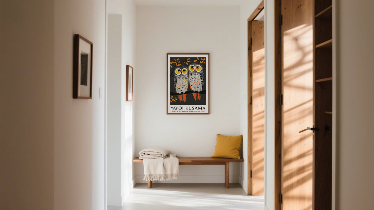 Buy wall art of Yayoi Kusama Inpsired pair of owls perfect for entryway