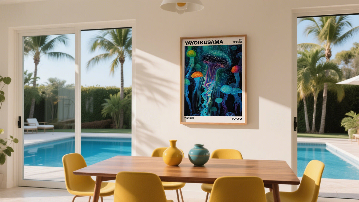 Yayoi Kusama Jellyfish pictures for wall in dining room overlooking swimming pool