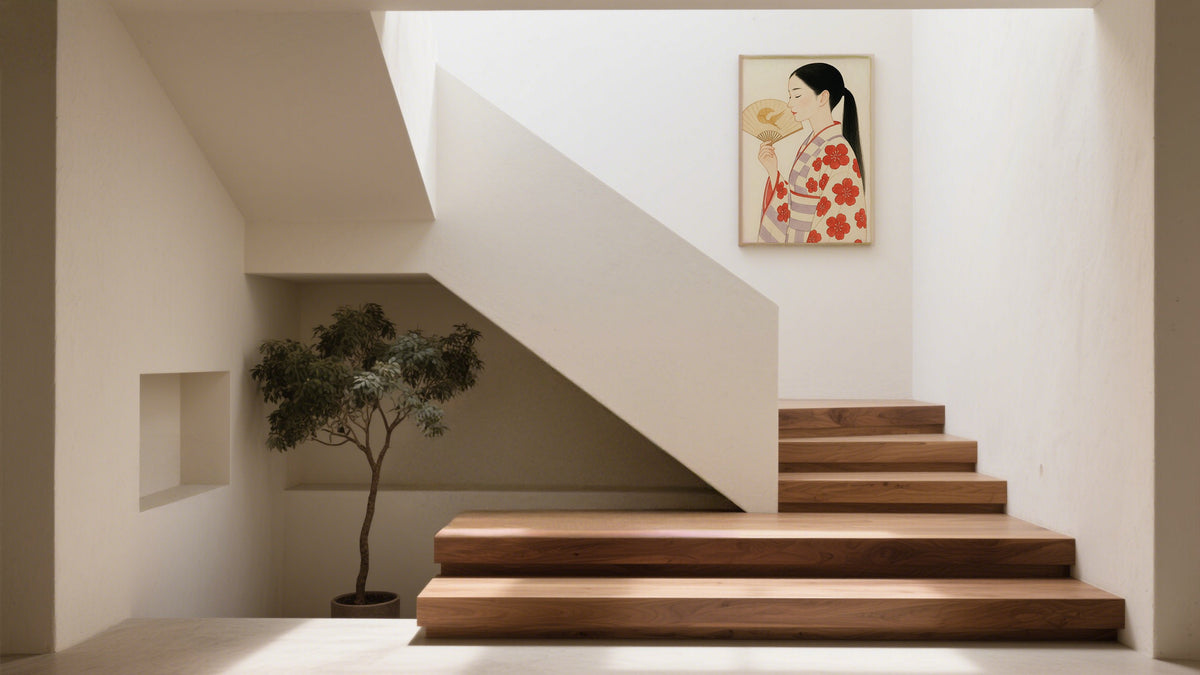 Timeless Woman with Crane Fan Prints Japanese