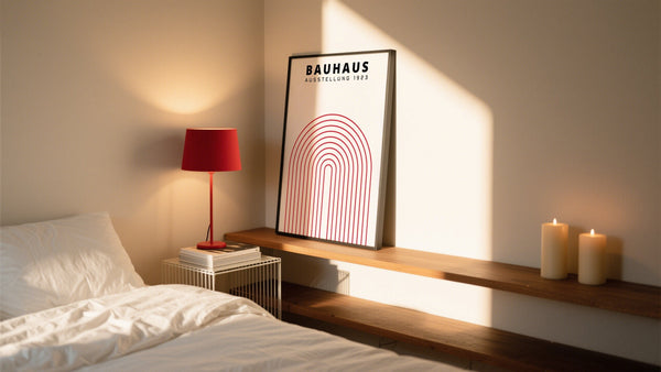 A bauhaus poster resting on a shelf against a wall in modern minimalist design houses.