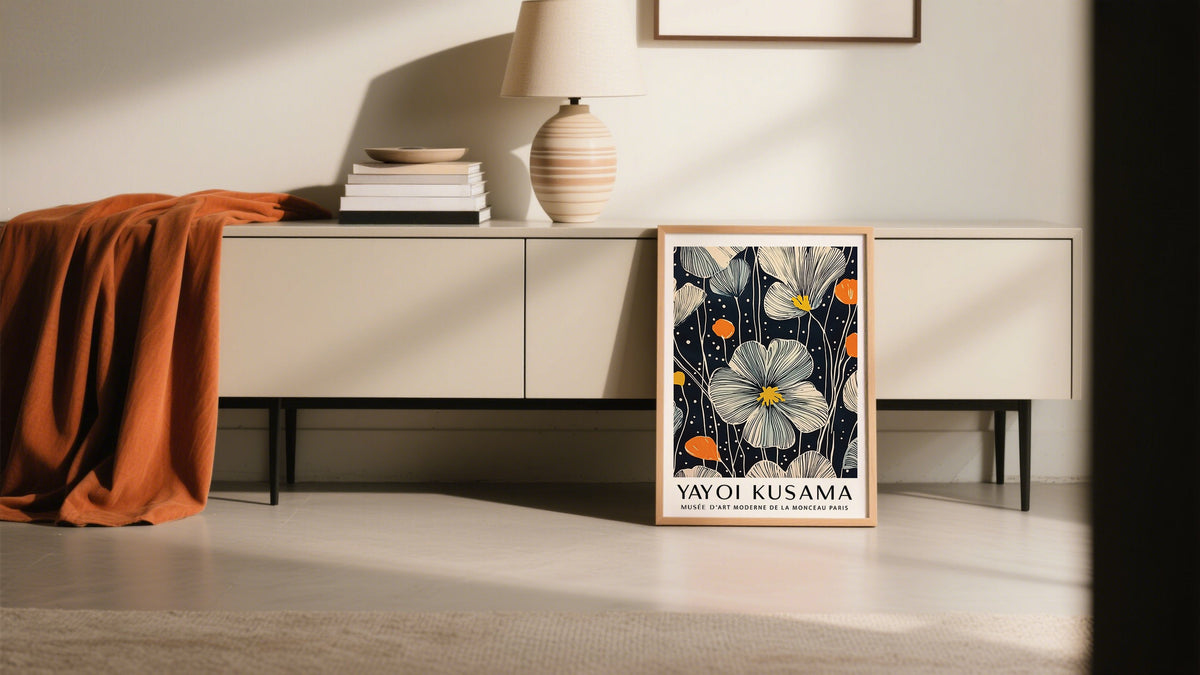 Chinese flower drawing of large petals in Japandi style orange and beige interior