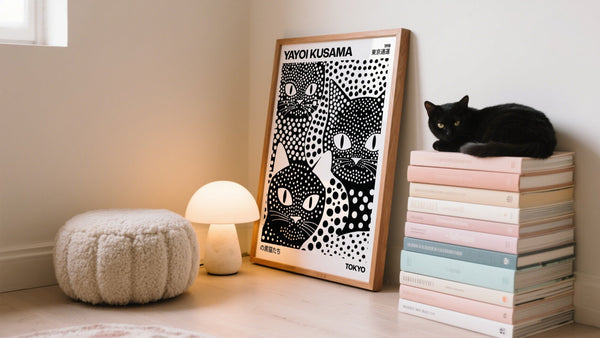 Modern Japanese Art of 3 Black Cats Inspired by Yayoi Kusama Dots