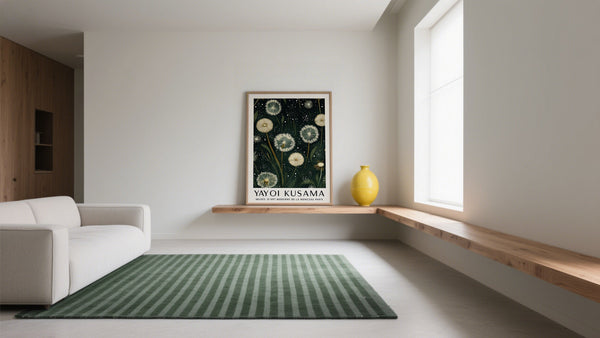 Green Botanical Wall Art of dandelions inspired by Yayoi Kusama in Large Living room, placed on shelf and leaning on wall