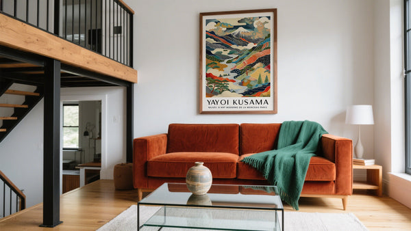 Cool Wall Art for the living room above the sofa. Mount fuji Yayoi Kusama Inspired print