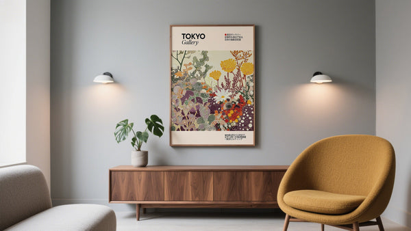 Floral Prints Japanese Art above modern minimalist sideboard in mustard yellow and pale grey living room