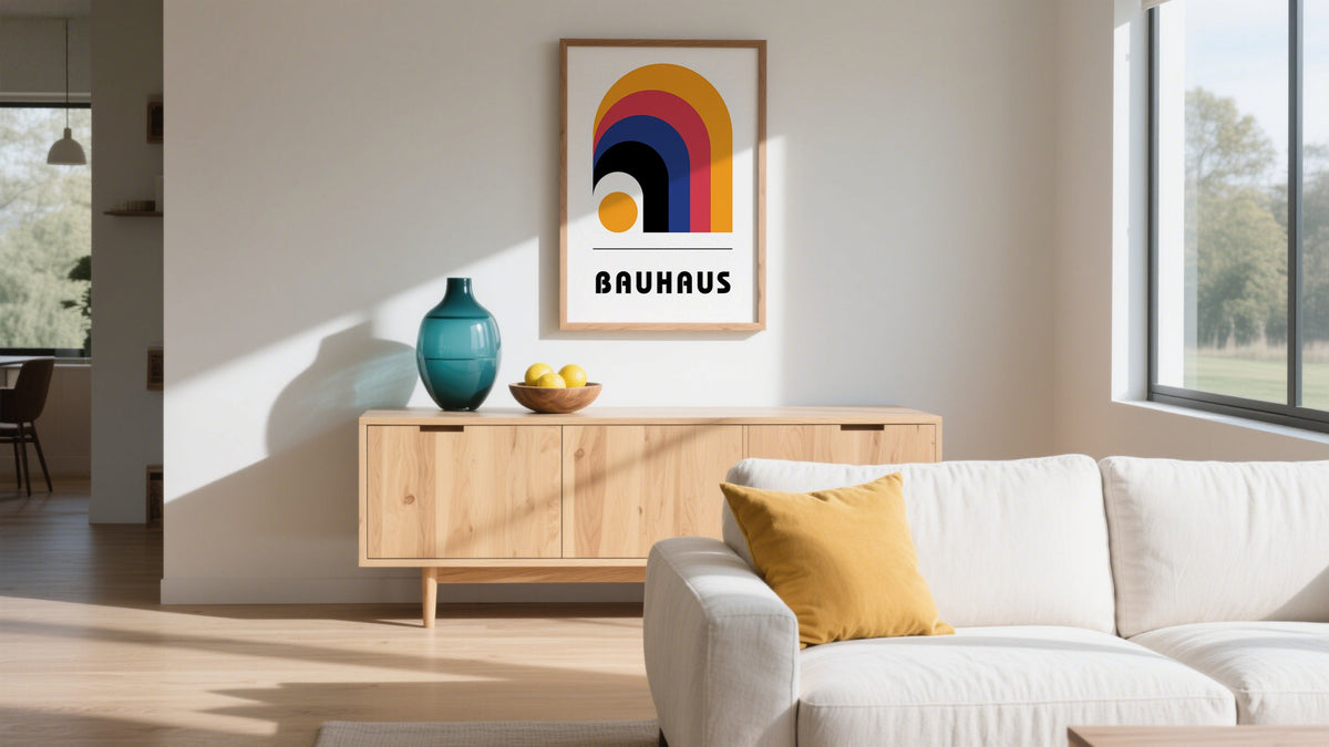 Bauhaus Poster rainbow showcasing Cool Prints USA in living room