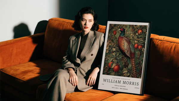 A woman in a gray plaid suit sits on an orange couch beside a framed poster featuring a colorful pheasant and apples. The poster reads "WILLIAM MORRIS" and details a 1934 exhibition.