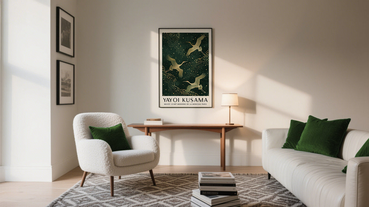 Beautiful Living Room Wall Decor of Gold Crane Birds in flight set behind a green background