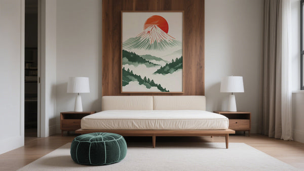 Bedroom showing Japanese Wall Art and Scandinavian Decor