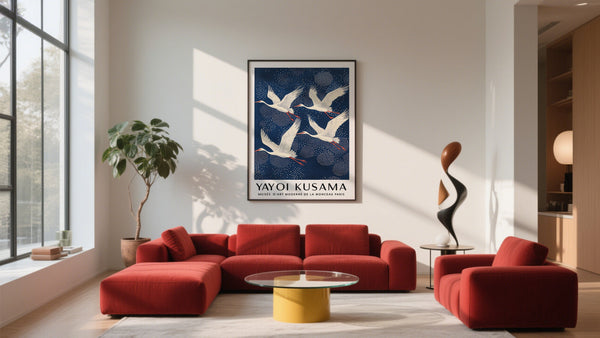 Crane Birds in flight nature wall art for living room in blue and white