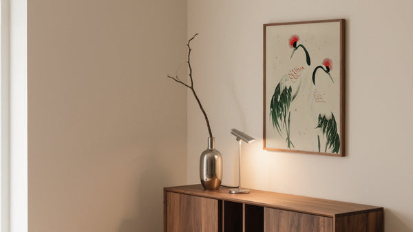 Graceful Green and Red Crane Birds paint of Japan above sideboard