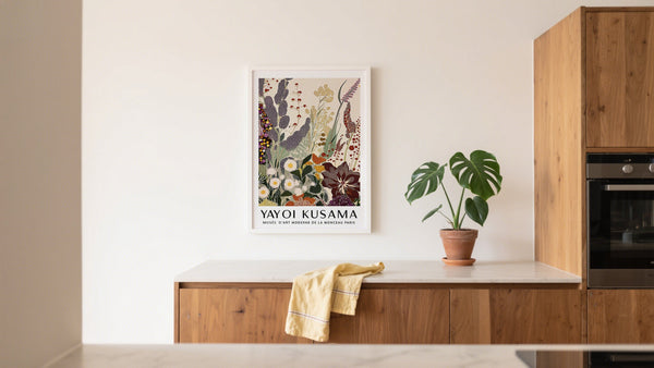 Japanese flower artwork evoking peace through minimalist design by Yayoi Kusama