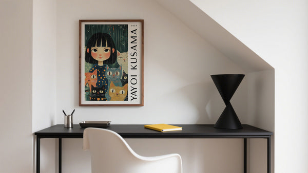 Yayoi Kusama Artist - Cats and Girl dots wall art above desk