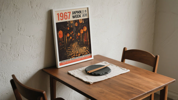 Japanese Print Blocks of a Japan Street light up with lanterns on dining room table