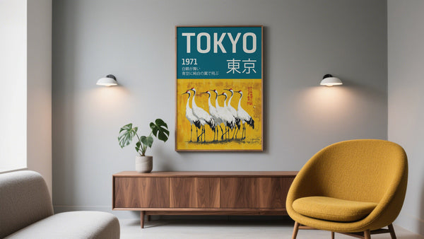 Season Japanese Wall Art of Yellow and Green Crane Bird wall art