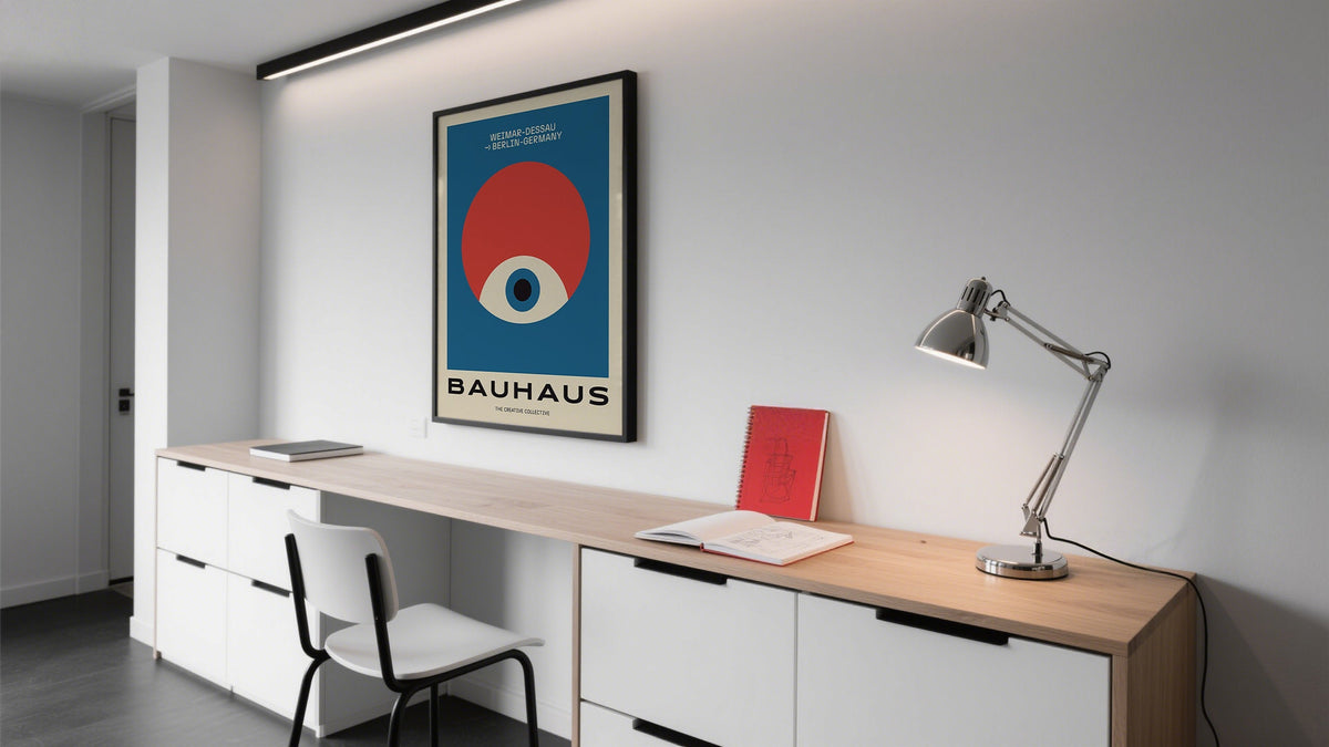 Poster trendy art prints of Large Bauhaus Eye in Red and Blue above desk