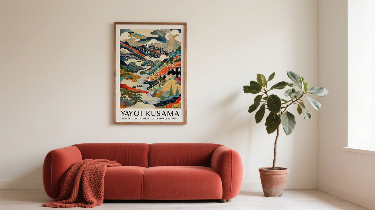Cheap Prints and Posters of Mount Fuji above red sofa