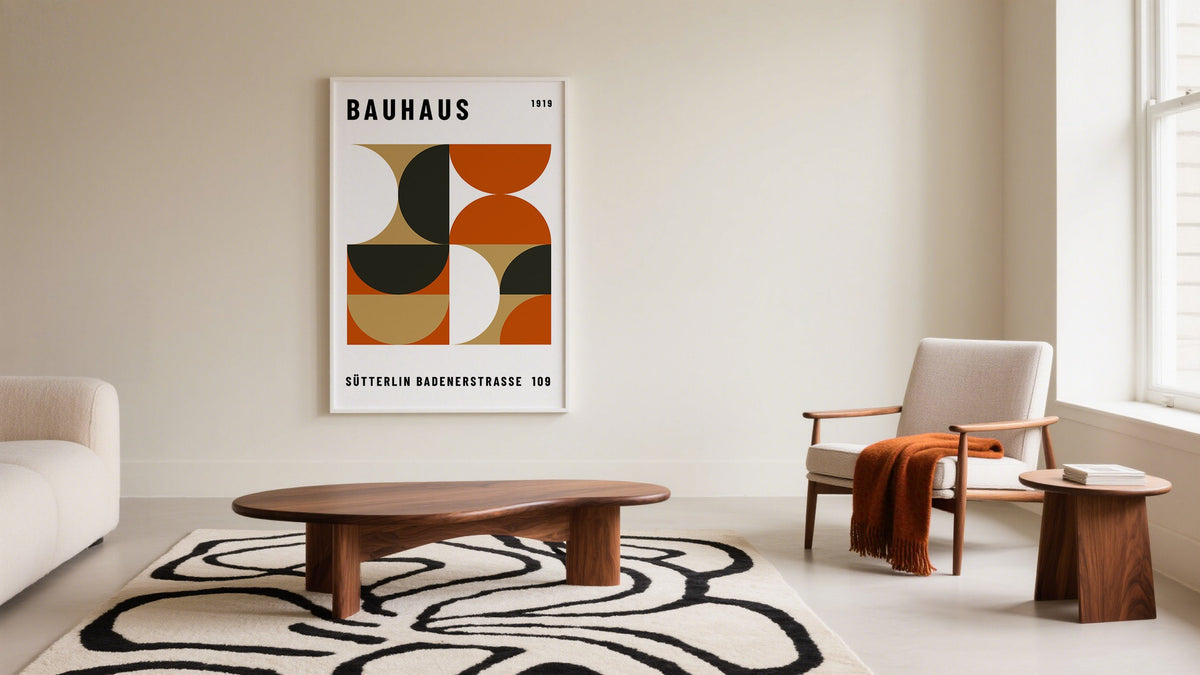 Geometric Bauhaus Art on Large Wall in Living Room