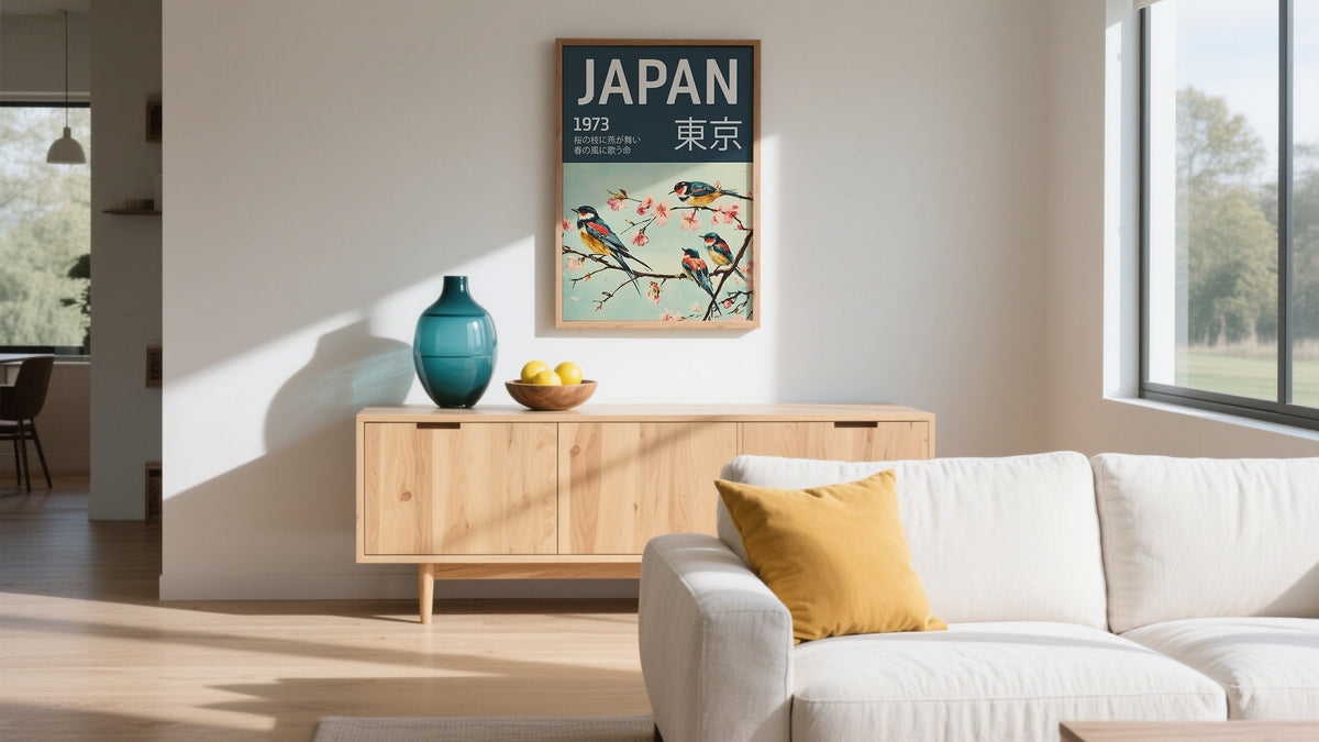 Japanese Art on Walls of Birds in Green and Yellow