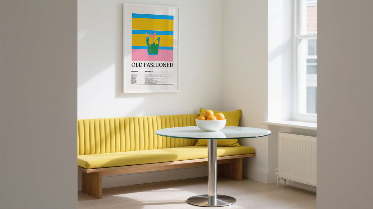 Modern wall art dining room print featuring a colorful Old Fashioned cocktail recipe with bold pink, blue, and yellow stripes in a wooden frame.