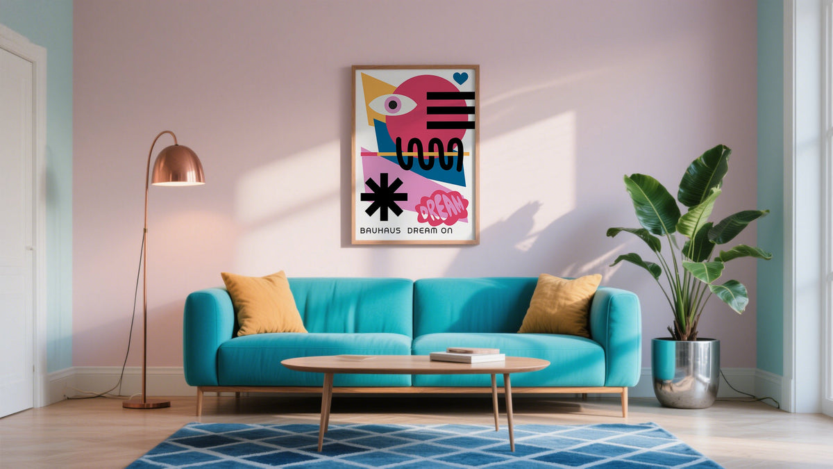 Online Wall Art of a Colorful Bauhaus Print above teal sofa