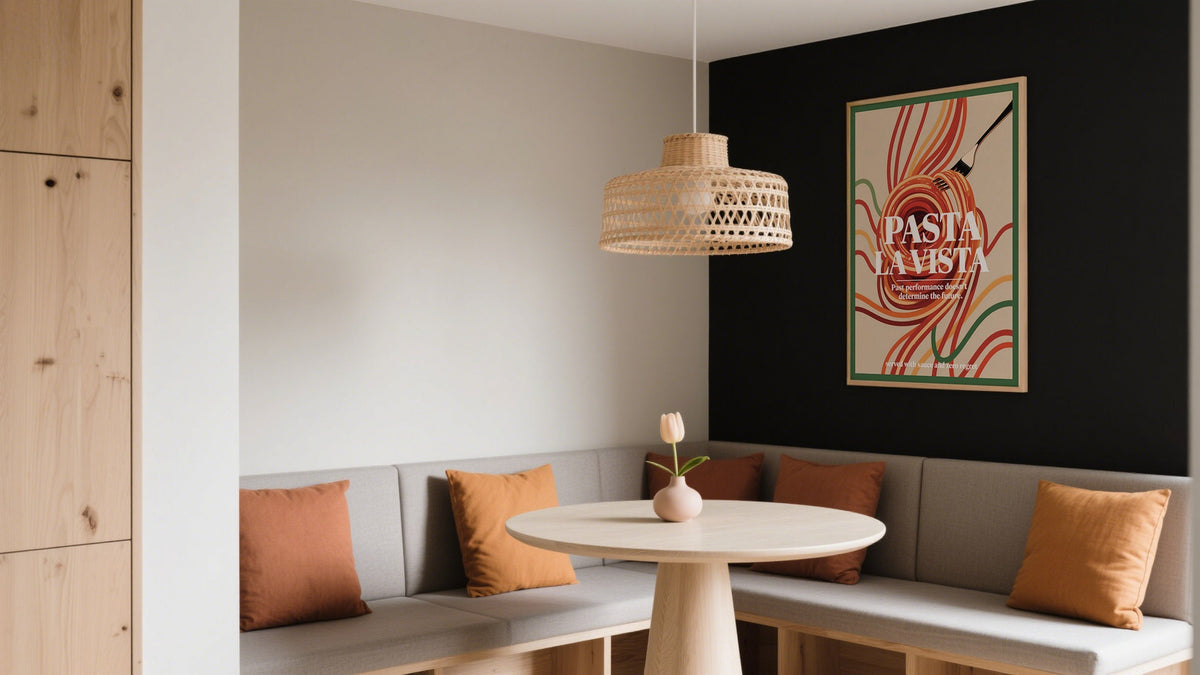 Large Dining Room Wall Decor of Pasta Swirl Print above corner dining table