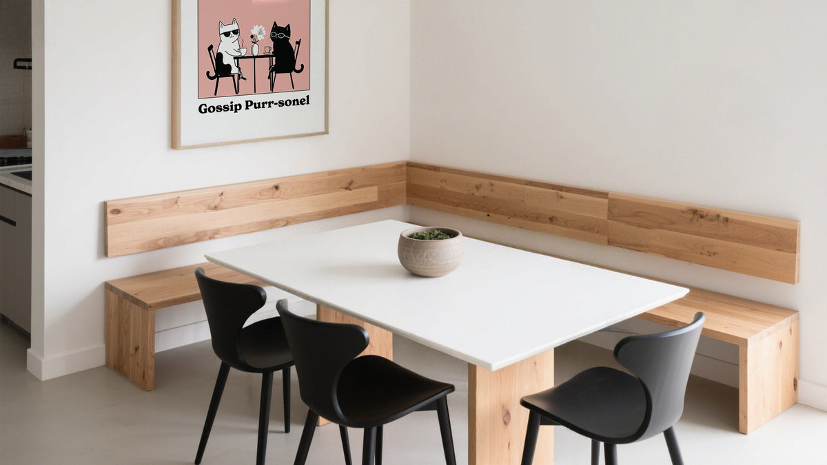 Funny poster paintings of 2 cats sitting at breakfast