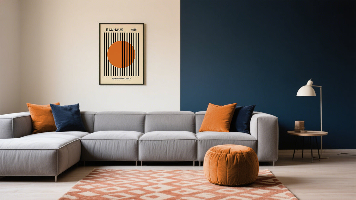 A living room featuring 30 x 40 wall art in orange color